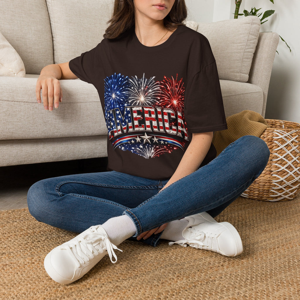 America Fireworks Patriotic T-Shirt | USA Flag Graphic Lightweight Tee | Independence Day