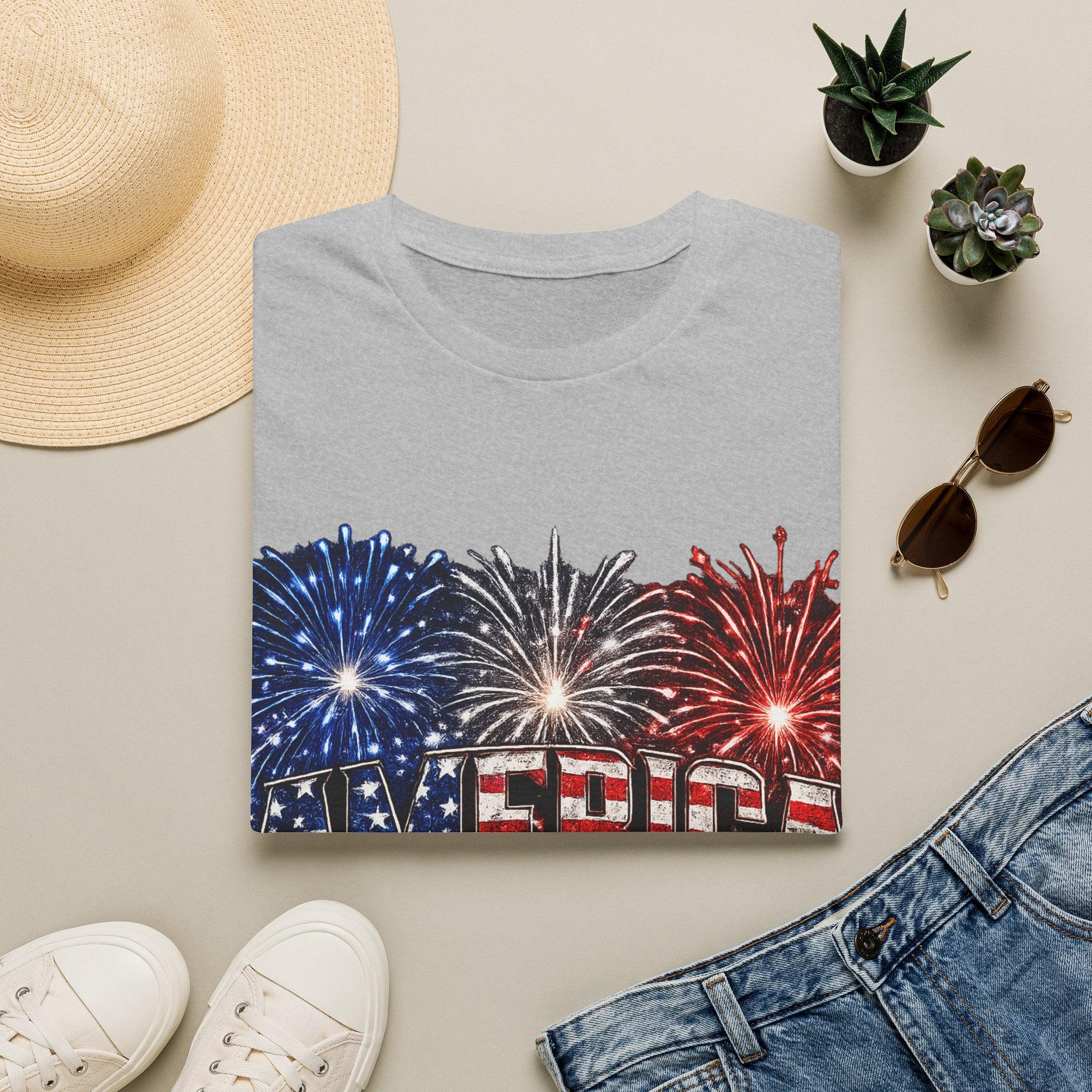 America Fireworks Patriotic T-Shirt | USA Flag Graphic Lightweight Tee | Independence Day