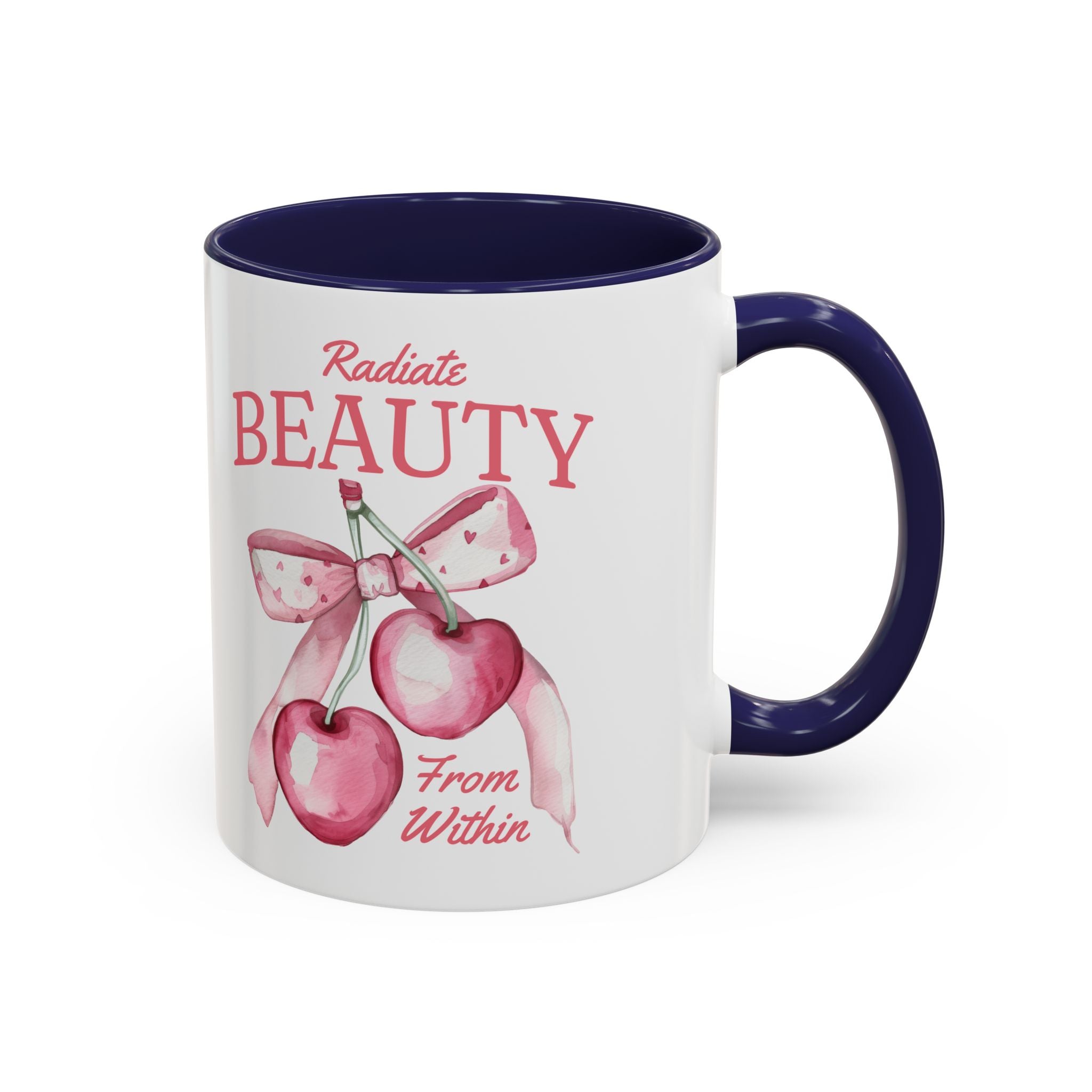 Personalized Coquette Cherry Mug, Radiate Beauty Design, Watercolor Bow Aesthetic Cup