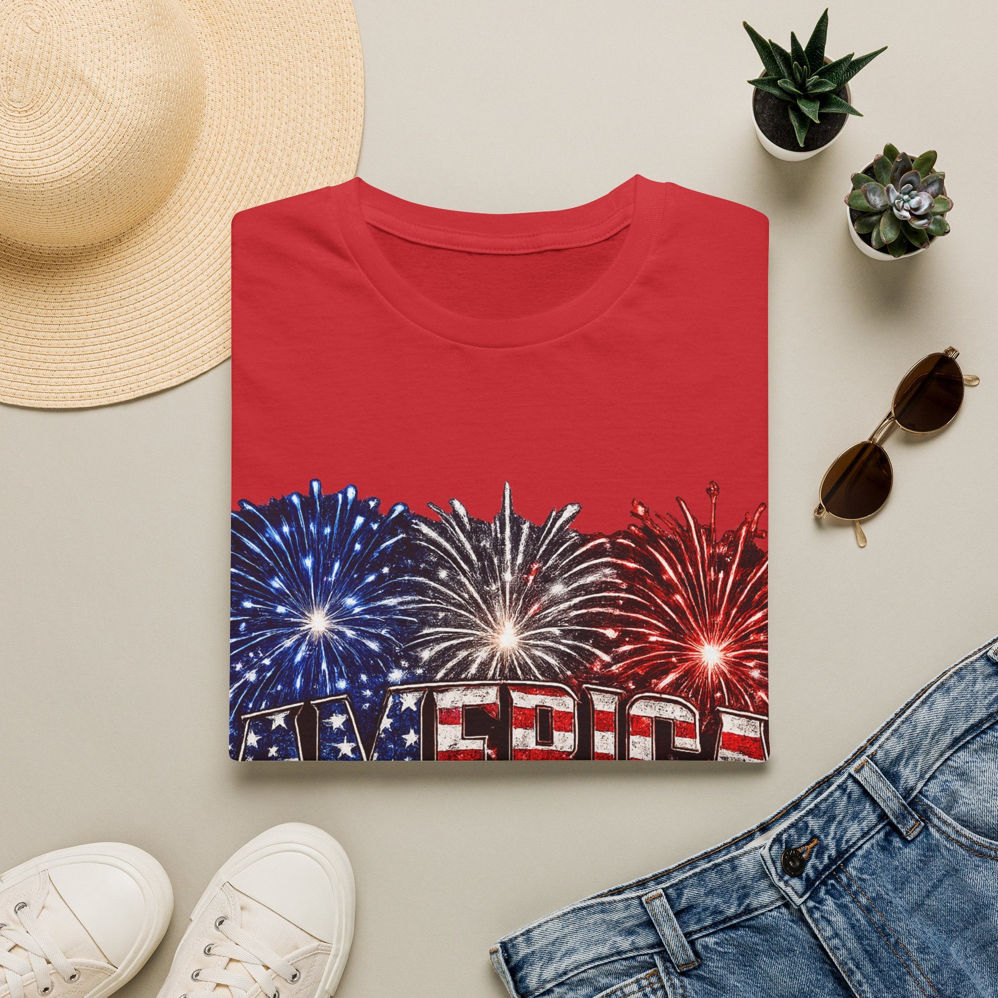 America Fireworks Patriotic T-Shirt | USA Flag Graphic Lightweight Tee | Independence Day
