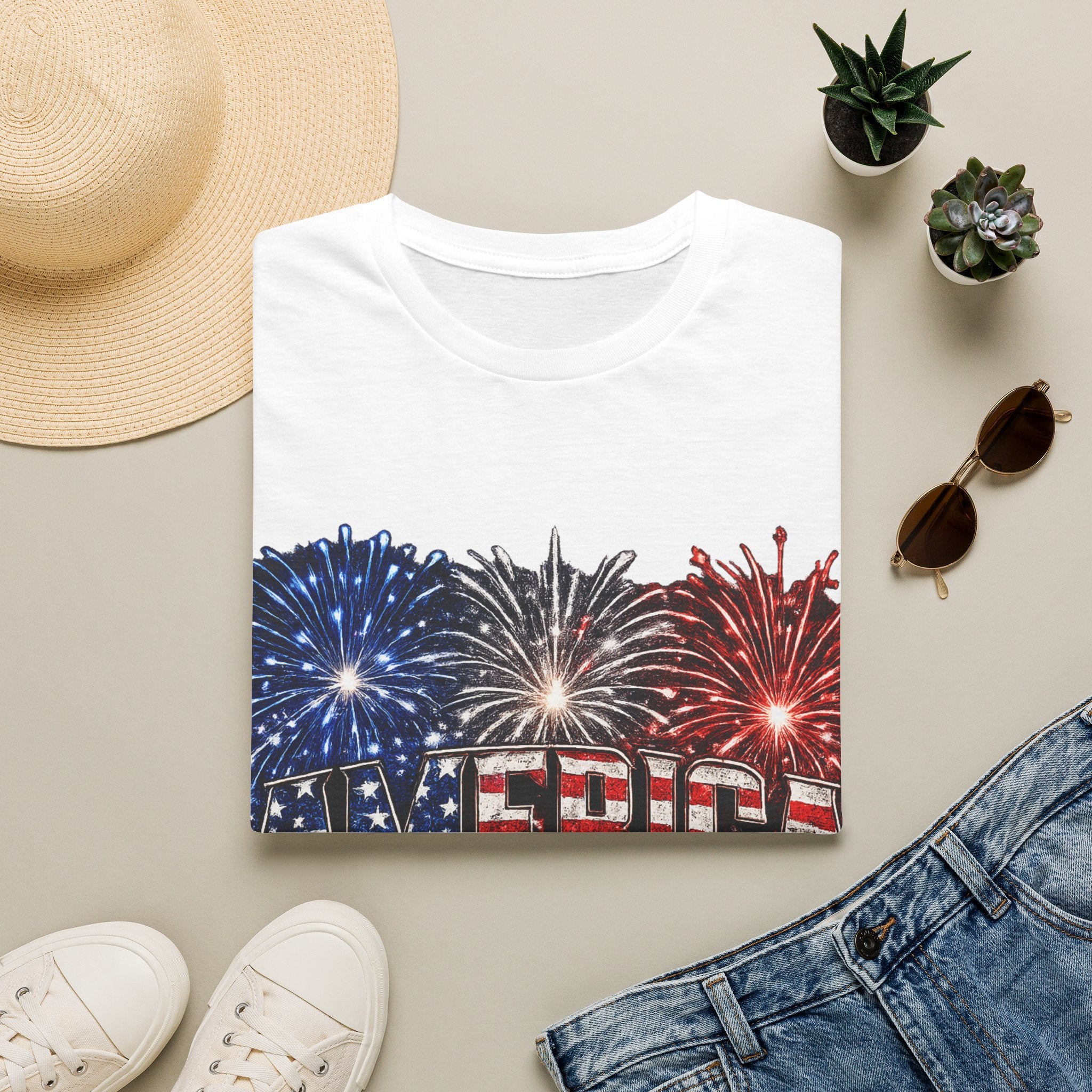 America Fireworks Patriotic T-Shirt | USA Flag Graphic Lightweight Tee | Independence Day