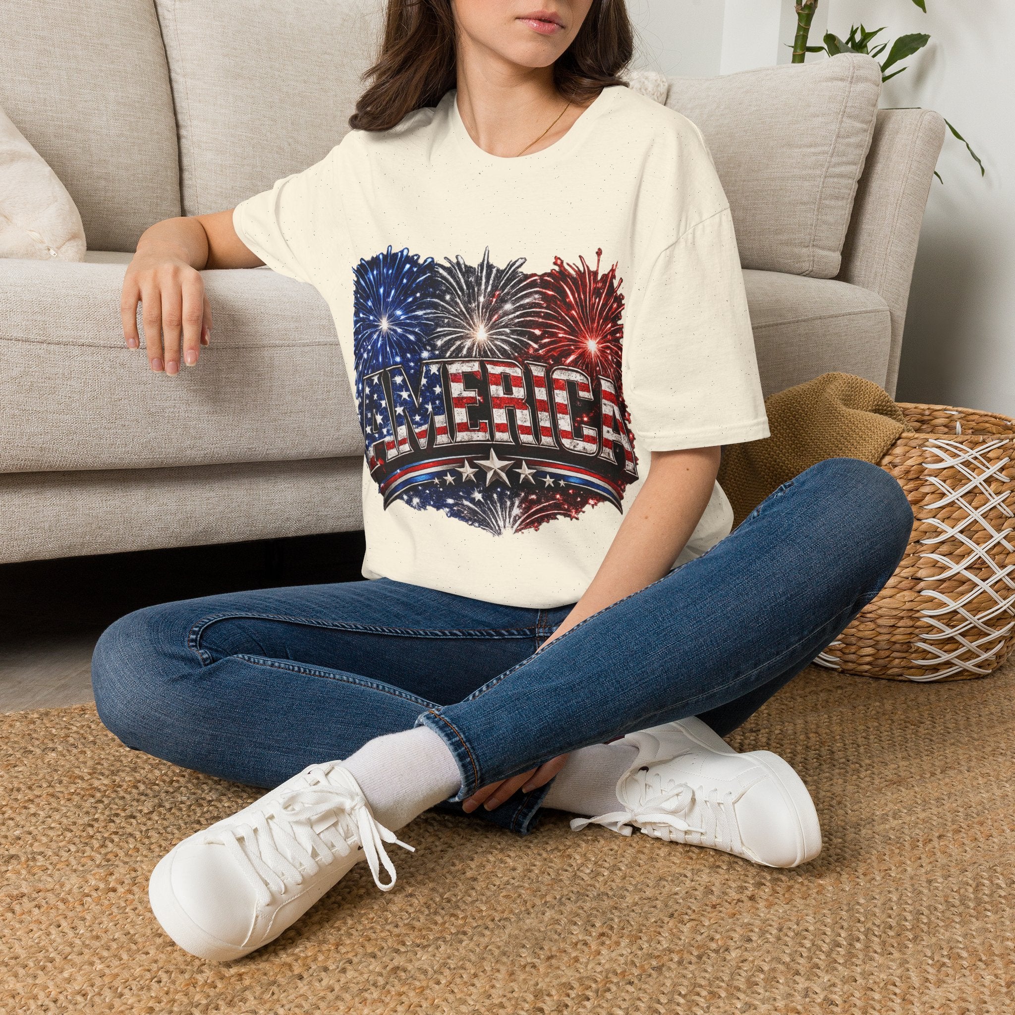 America Fireworks Patriotic T-Shirt | USA Flag Graphic Lightweight Tee | Independence Day