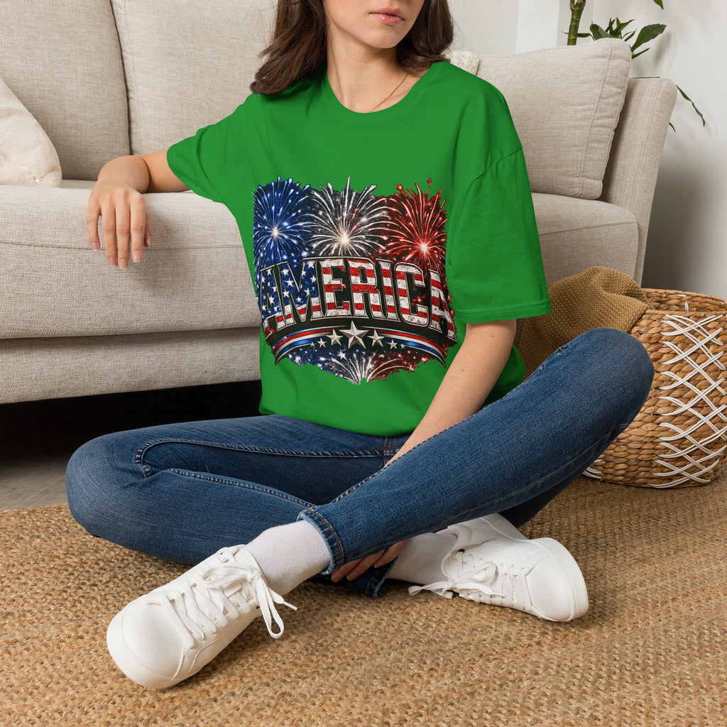 America Fireworks Patriotic T-Shirt | USA Flag Graphic Lightweight Tee | Independence Day