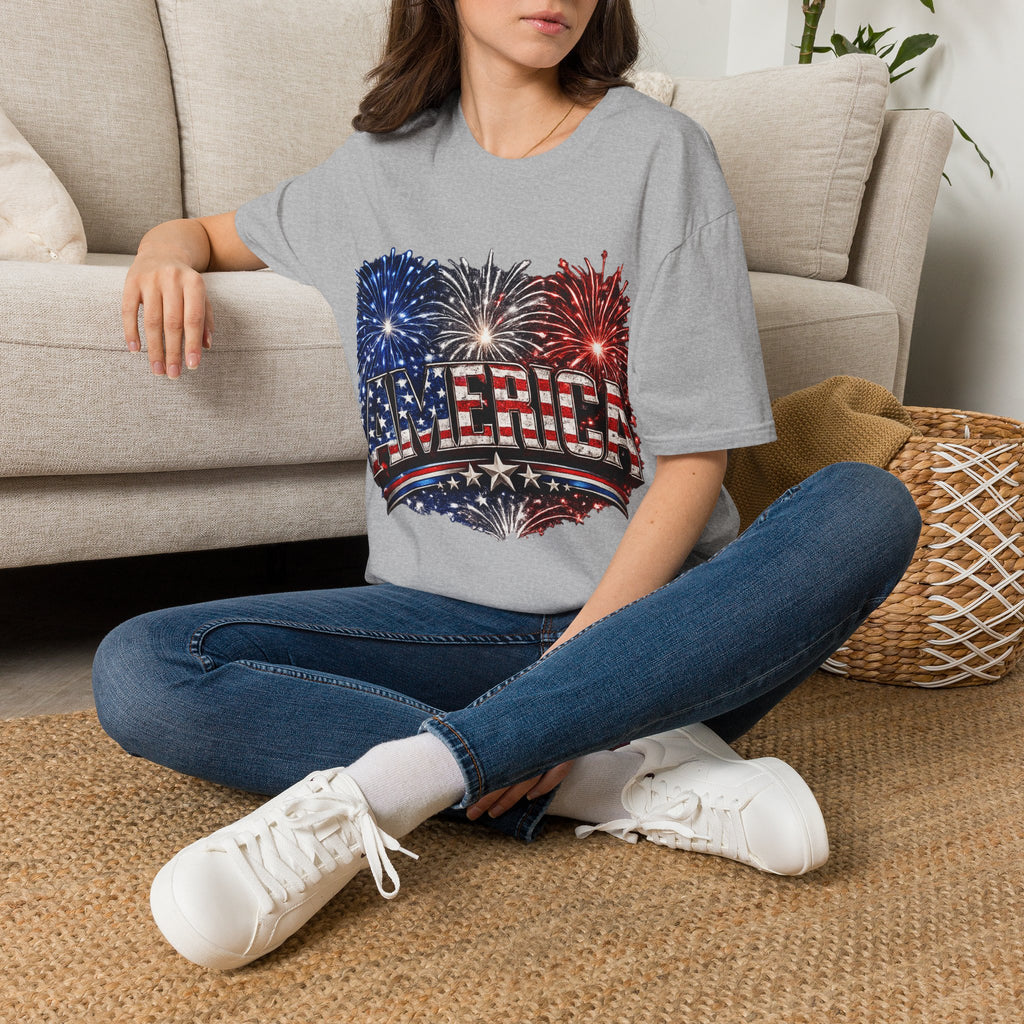 America Fireworks Patriotic T-Shirt | USA Flag Graphic Lightweight Tee | Independence Day