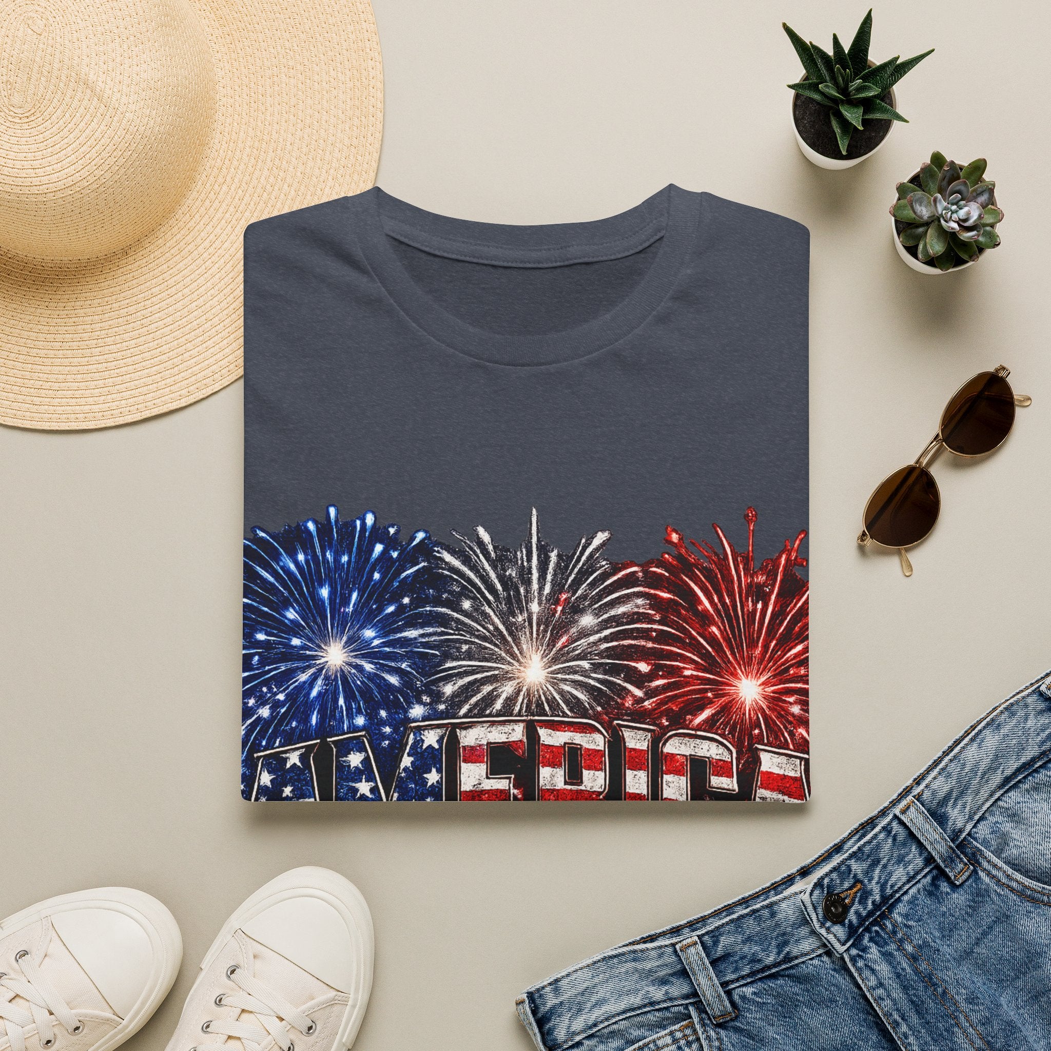 America Fireworks Patriotic T-Shirt | USA Flag Graphic Lightweight Tee | Independence Day