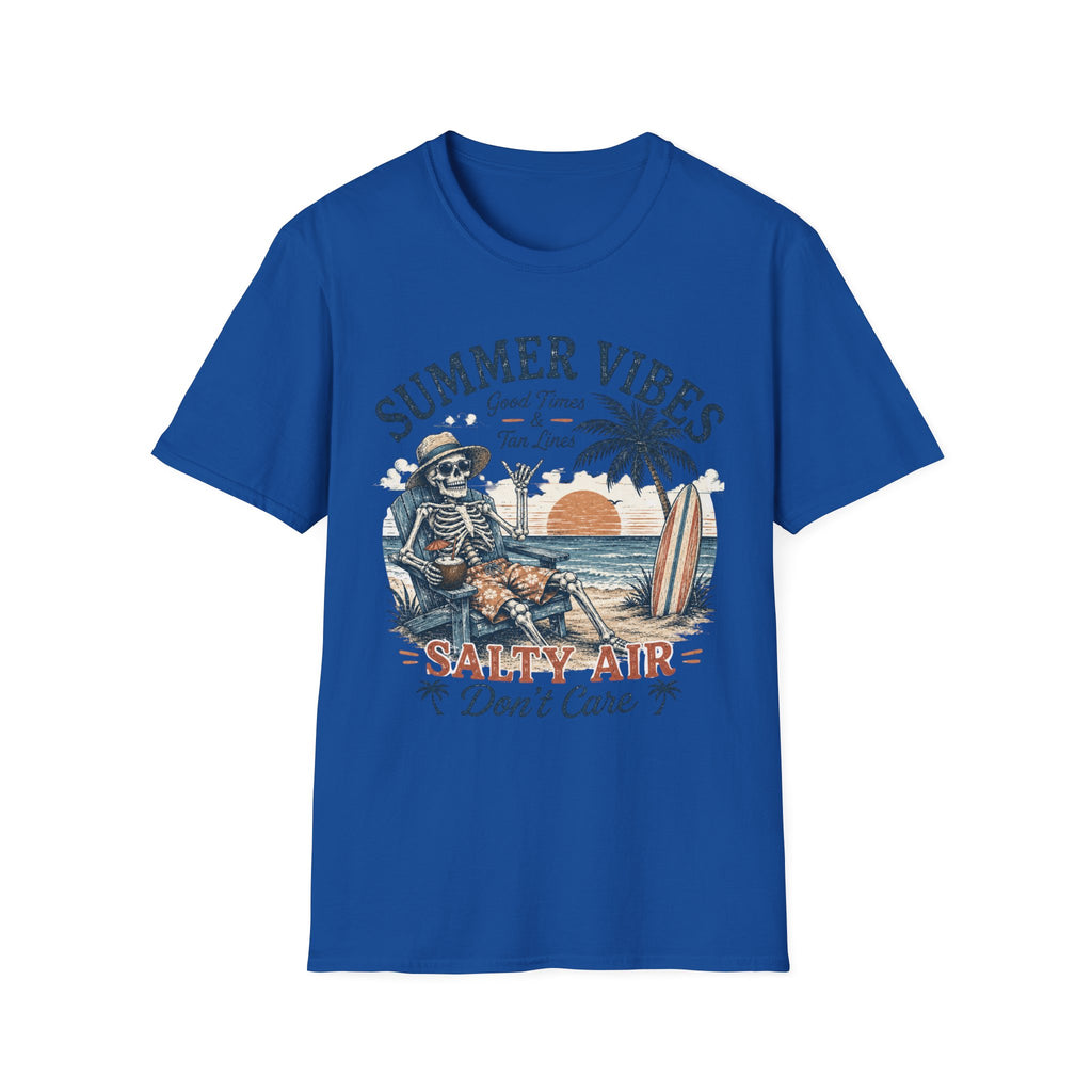 Salty Air Don't Care Skeleton Beach T-Shirt | Vintage Summer Vibes Graphic Tee | Retro Beach Vacation Shirt