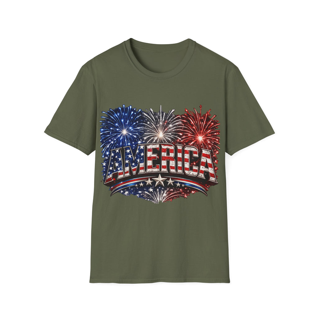 America Fireworks Patriotic T-Shirt | USA Flag Graphic Lightweight Tee | Independence Day