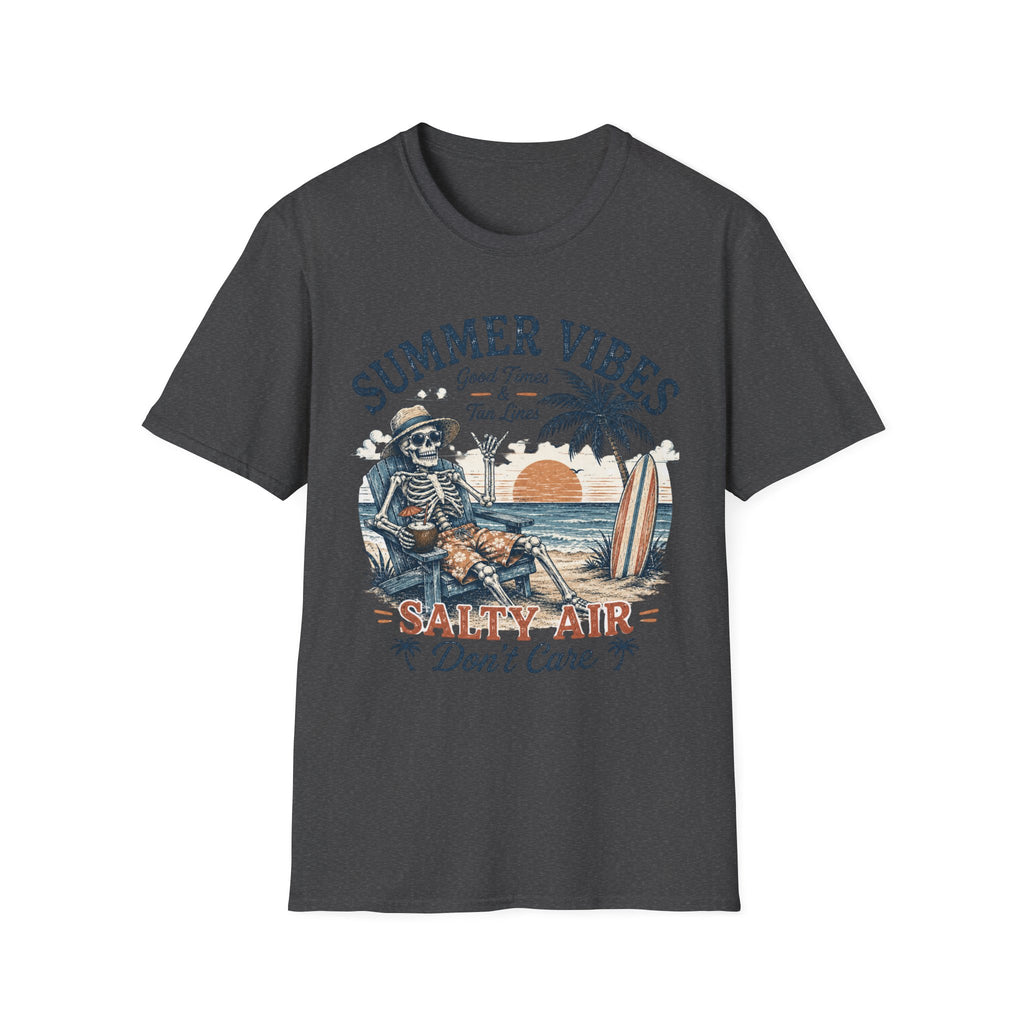 Salty Air Don't Care Skeleton Beach T-Shirt | Vintage Summer Vibes Graphic Tee | Retro Beach Vacation Shirt