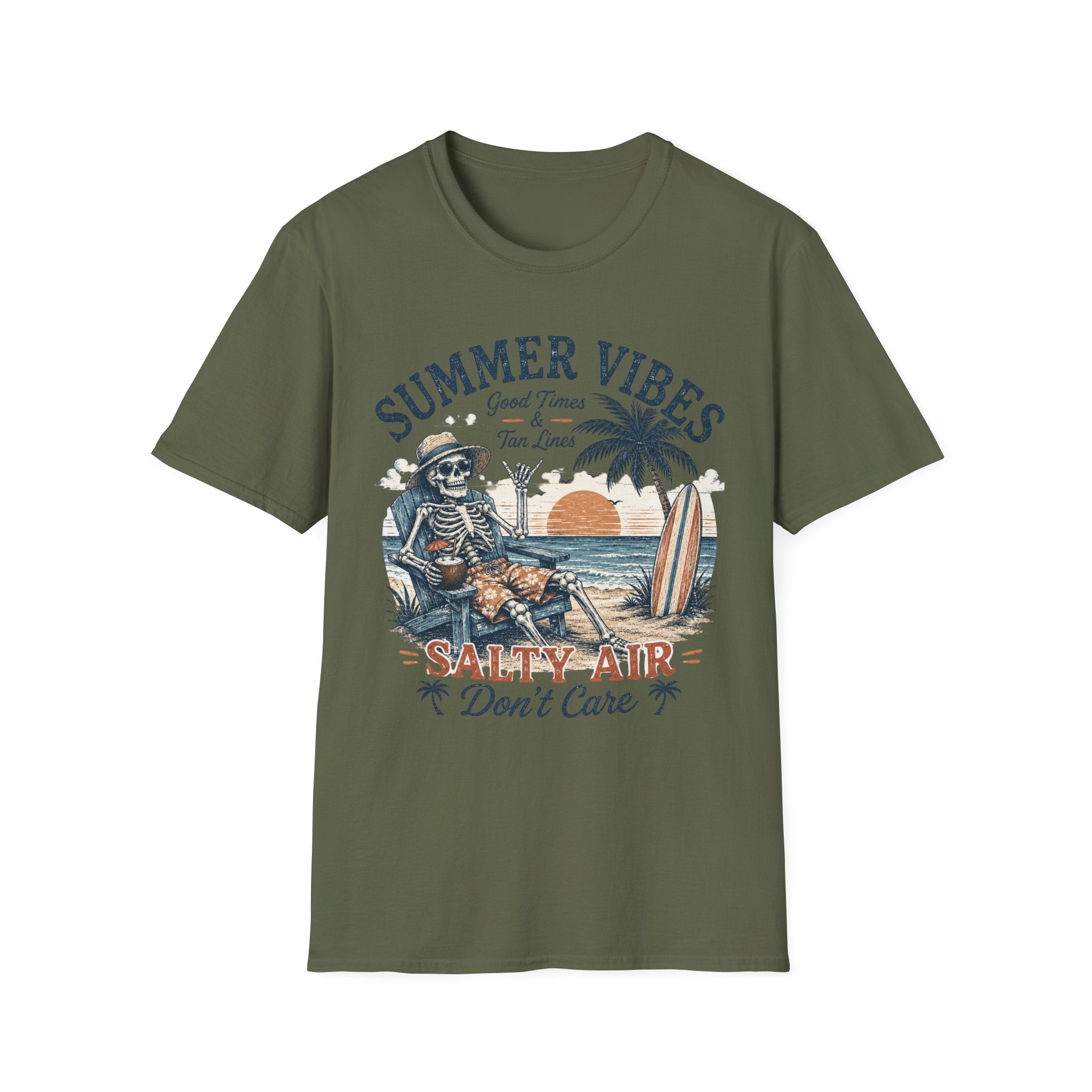 Salty Air Don't Care Skeleton Beach T-Shirt | Vintage Summer Vibes Graphic Tee | Retro Beach Vacation Shirt