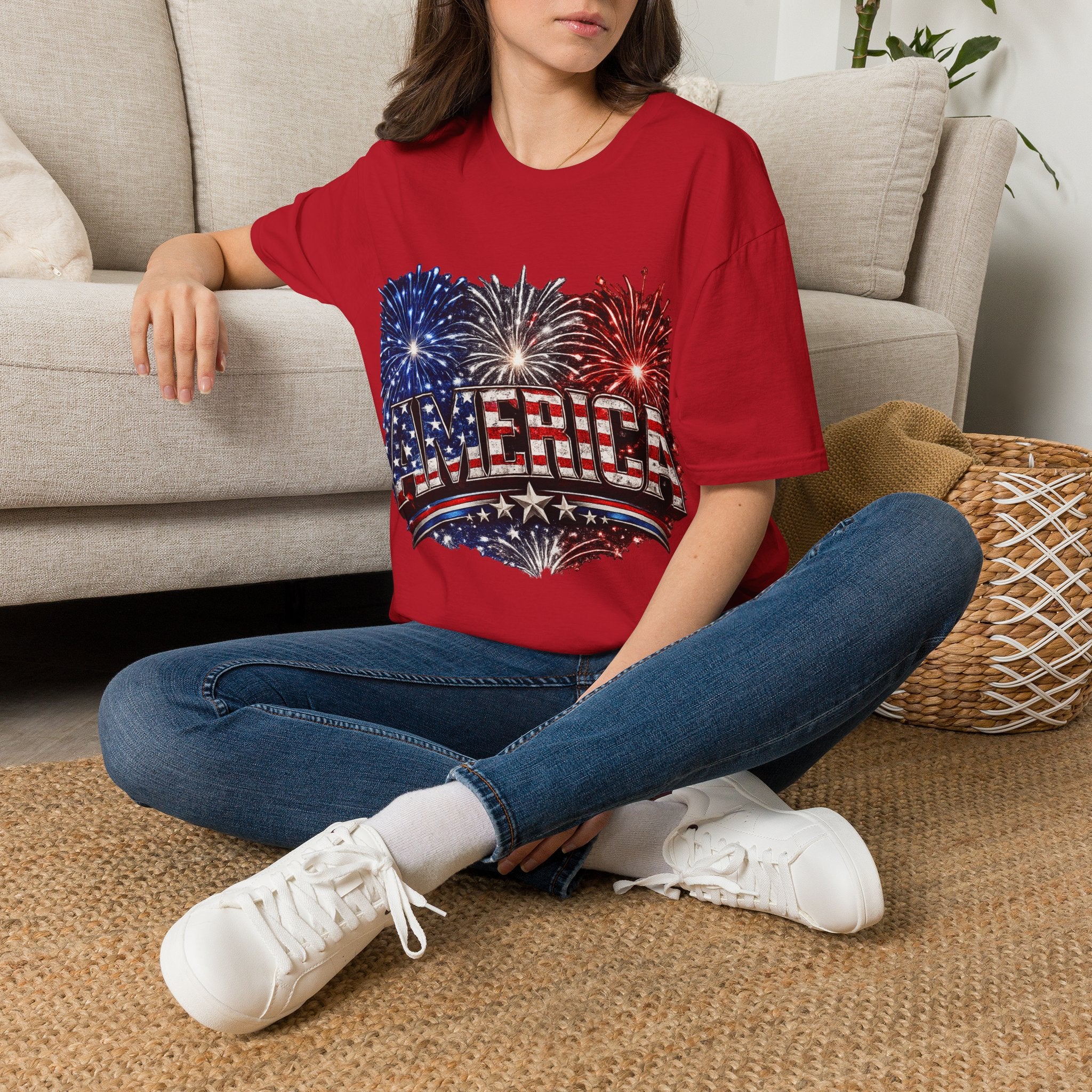 America Fireworks Patriotic T-Shirt | USA Flag Graphic Lightweight Tee | Independence Day