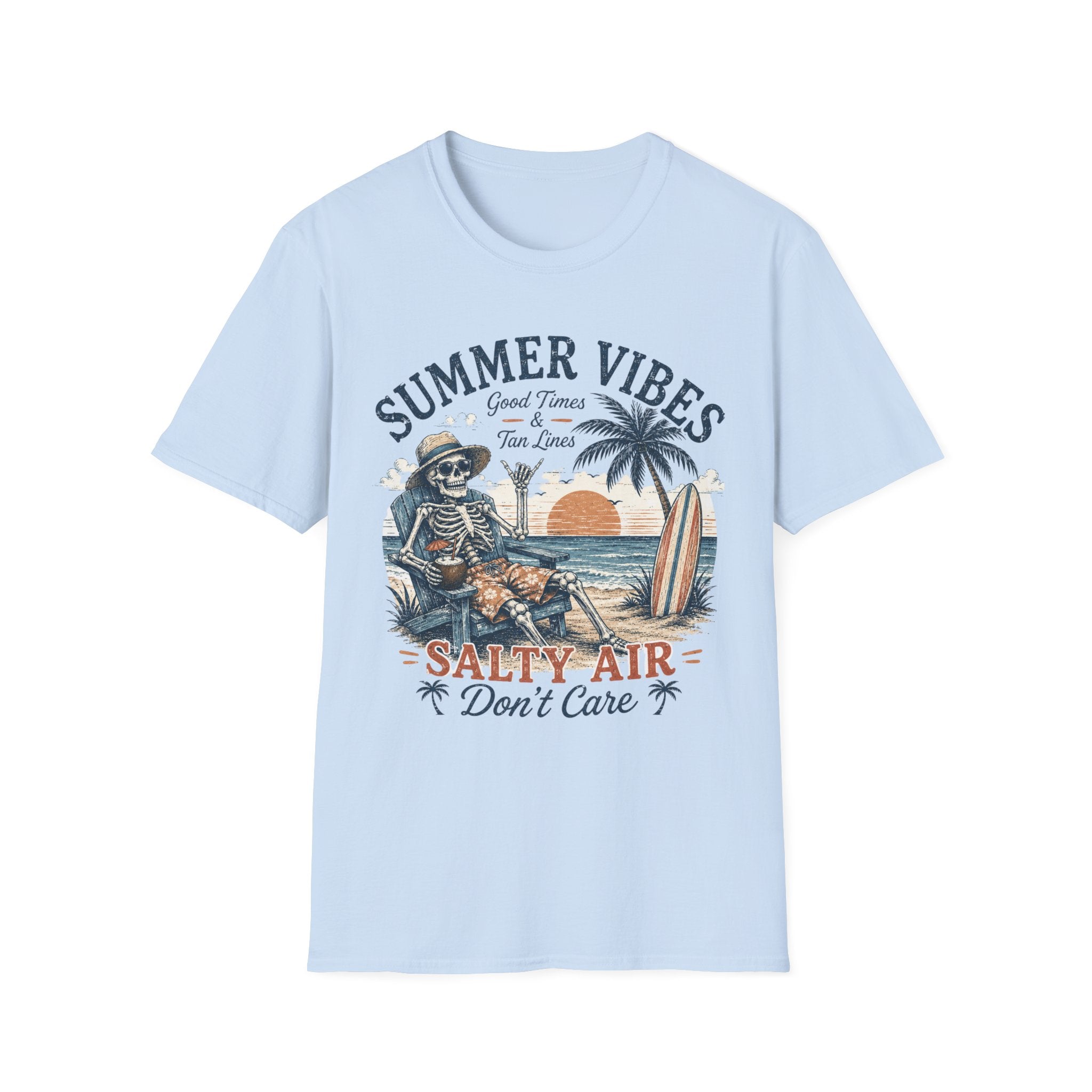 Salty Air Don't Care Skeleton Beach T-Shirt | Vintage Summer Vibes Graphic Tee | Retro Beach Vacation Shirt