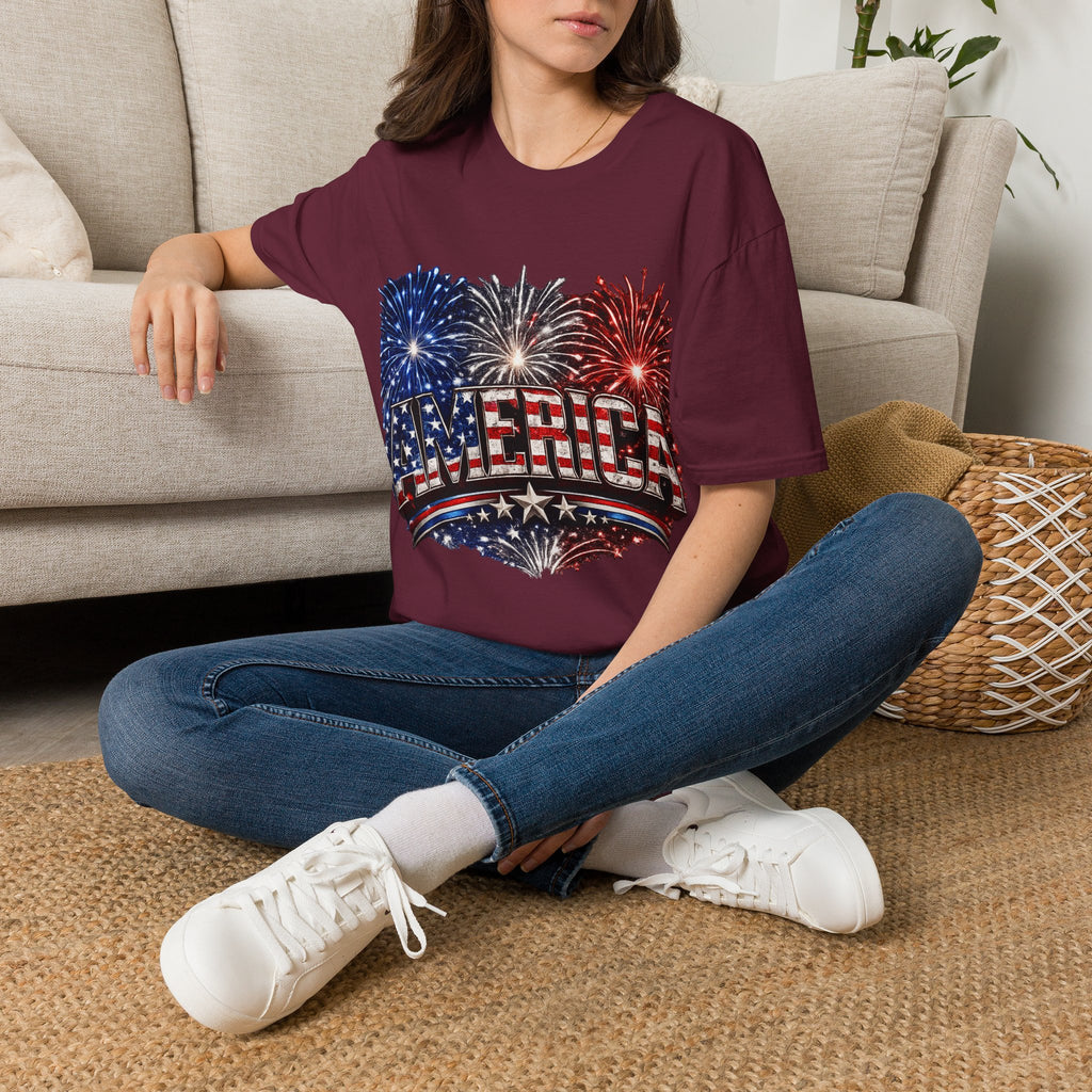 America Fireworks Patriotic T-Shirt | USA Flag Graphic Lightweight Tee | Independence Day