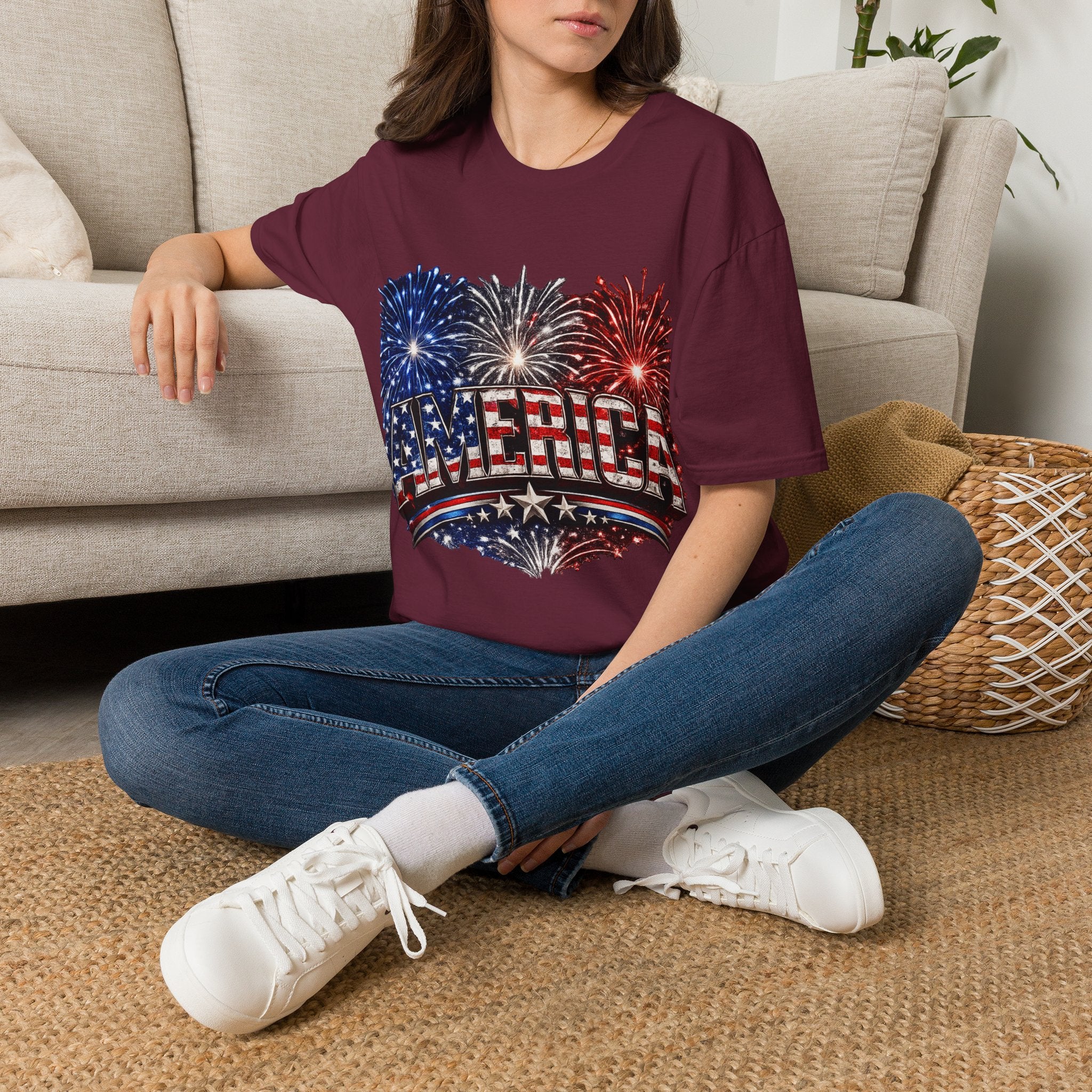 America Fireworks Patriotic T-Shirt | USA Flag Graphic Lightweight Tee | Independence Day