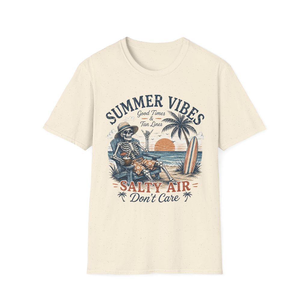 Salty Air Don't Care Skeleton Beach T-Shirt | Vintage Summer Vibes Graphic Tee | Retro Beach Vacation Shirt