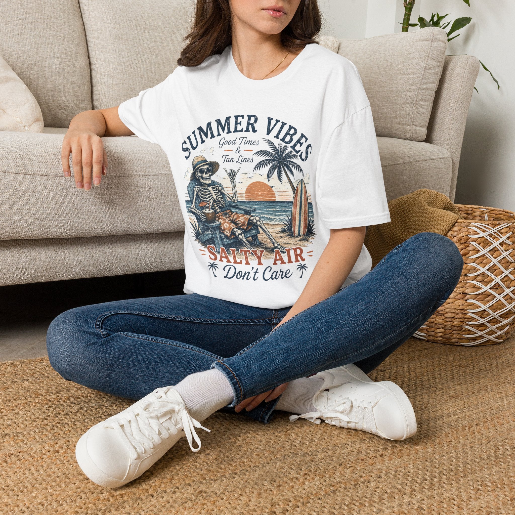 Salty Air Don't Care Skeleton Beach T-Shirt | Vintage Summer Vibes Graphic Tee | Retro Beach Vacation Shirt