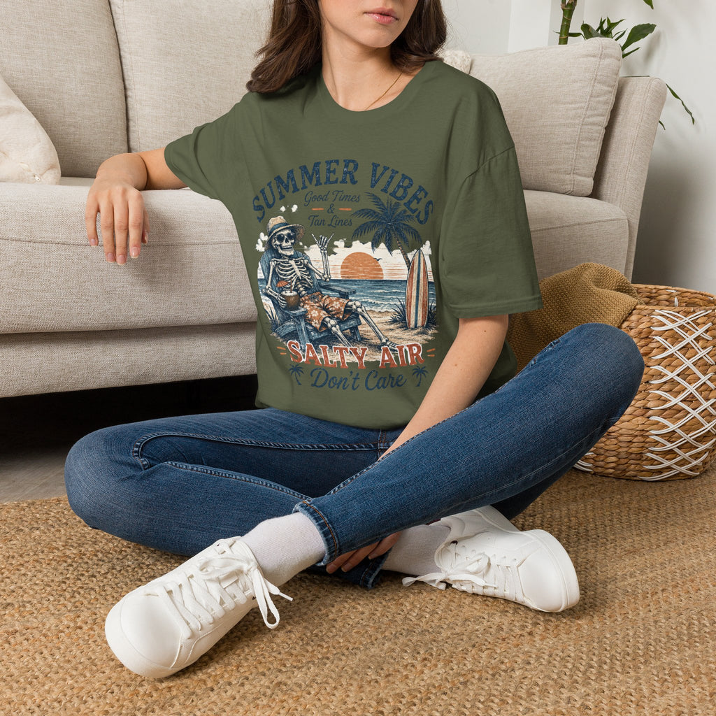 Salty Air Don't Care Skeleton Beach T-Shirt | Vintage Summer Vibes Graphic Tee | Retro Beach Vacation Shirt
