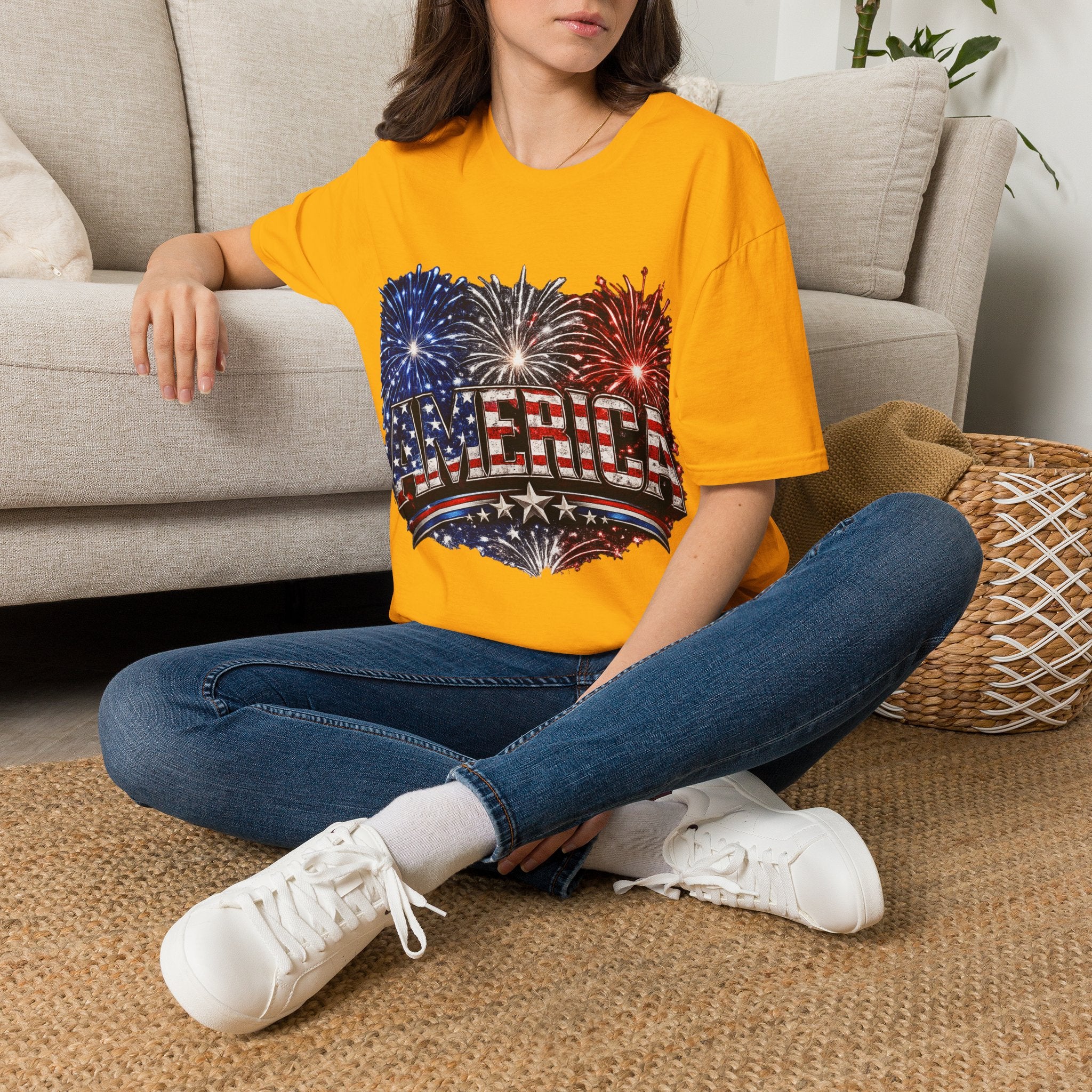 America Fireworks Patriotic T-Shirt | USA Flag Graphic Lightweight Tee | Independence Day