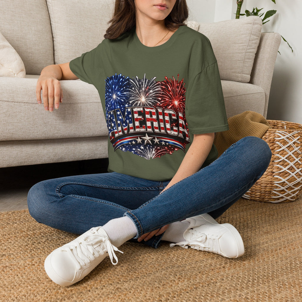 America Fireworks Patriotic T-Shirt | USA Flag Graphic Lightweight Tee | Independence Day
