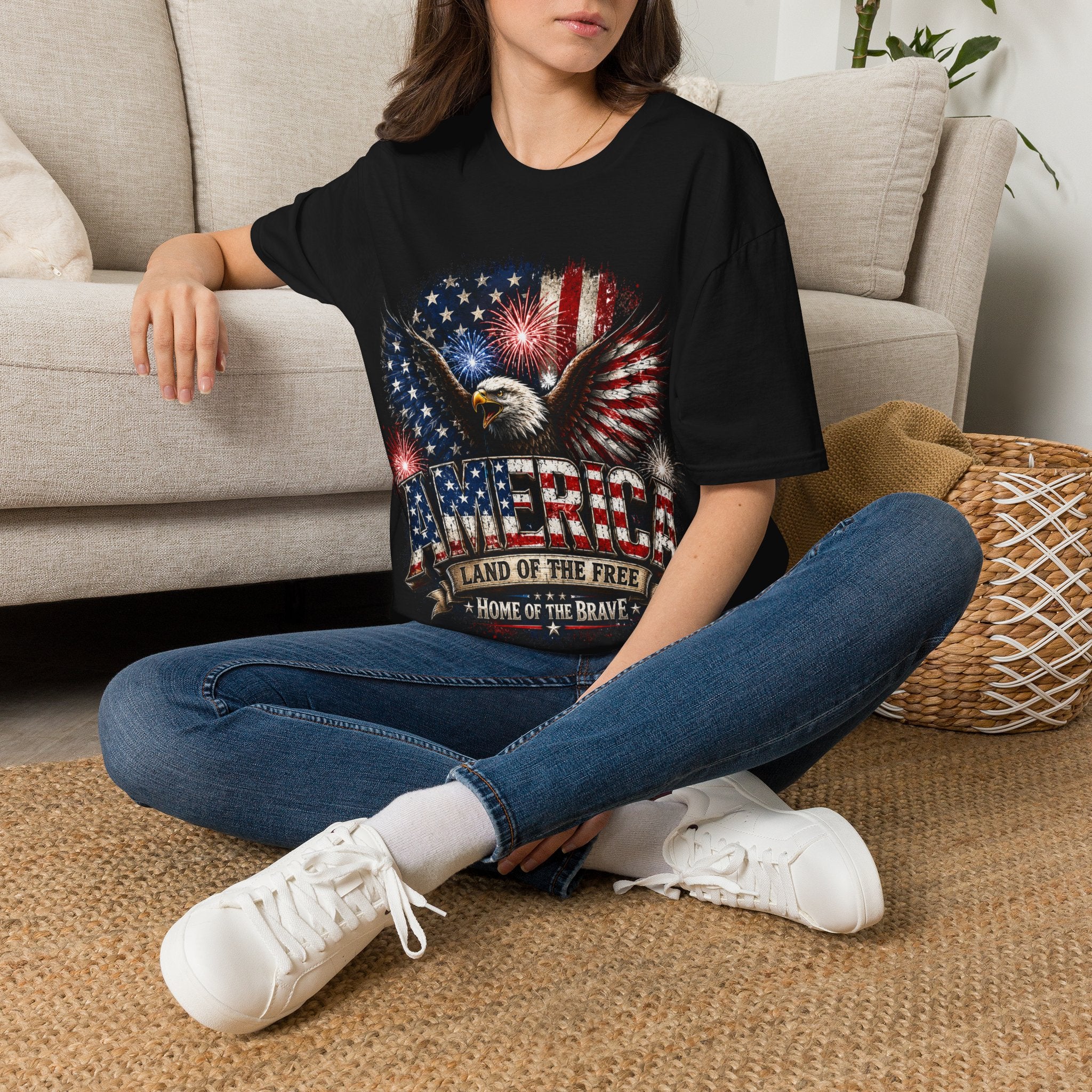 Vintage American Eagle Patriotic T-Shirt | Land of the Free Home of the Brave | USA Flag Graphic Tee