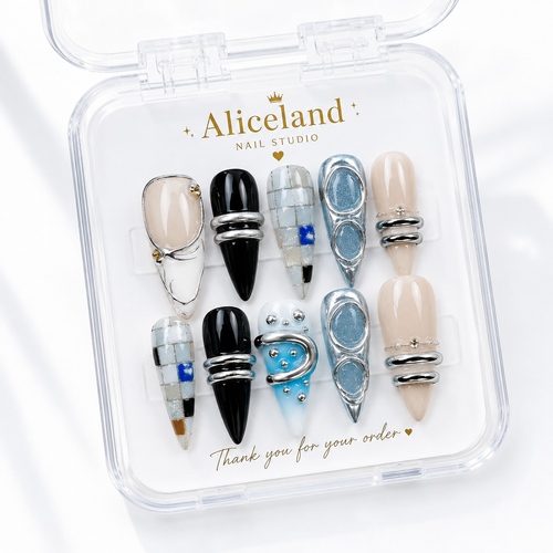 Arctic Chrome almond press on nails with metallic silver, glossy black and icy blue futuristic nail art