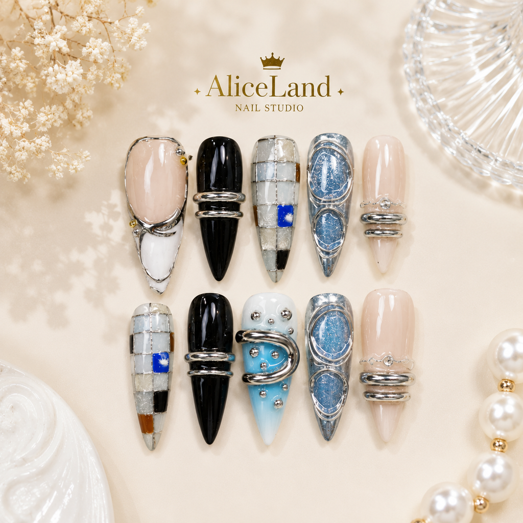 Arctic Chrome almond press on nails with metallic silver and blue futuristic design