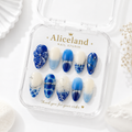Azure Blossom almond press on nails featuring blue porcelain-inspired nail art with handcrafted 3D flowers