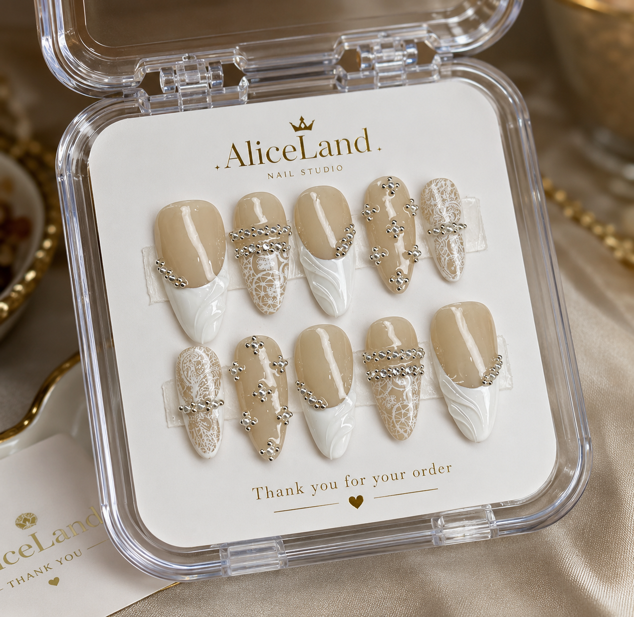 Beige Lace Almond Press On Nails | Pearl & Rhinestone Design