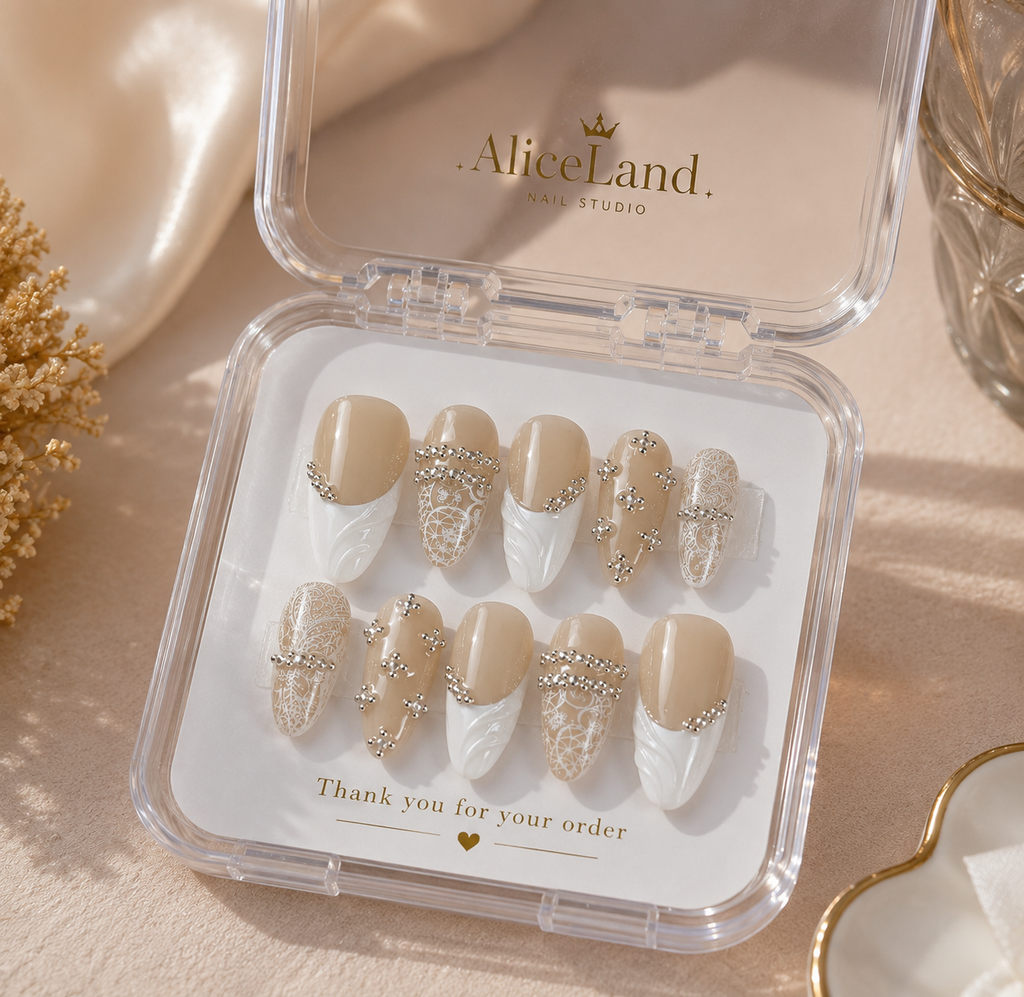 Beige Lace Almond Press On Nails | Pearl & Rhinestone Design