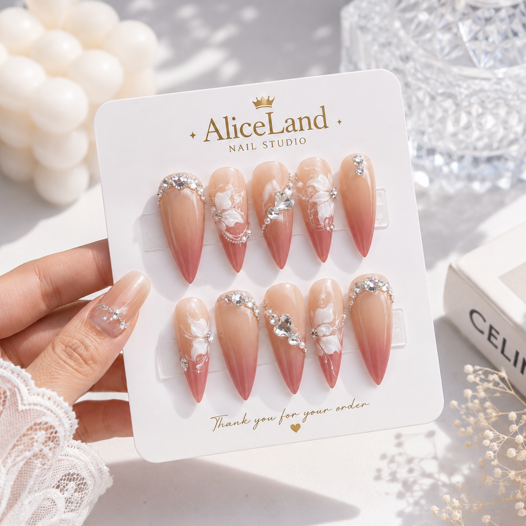 Blush Bridal Bloom almond press on nails with white 3D flowers and rhinestones