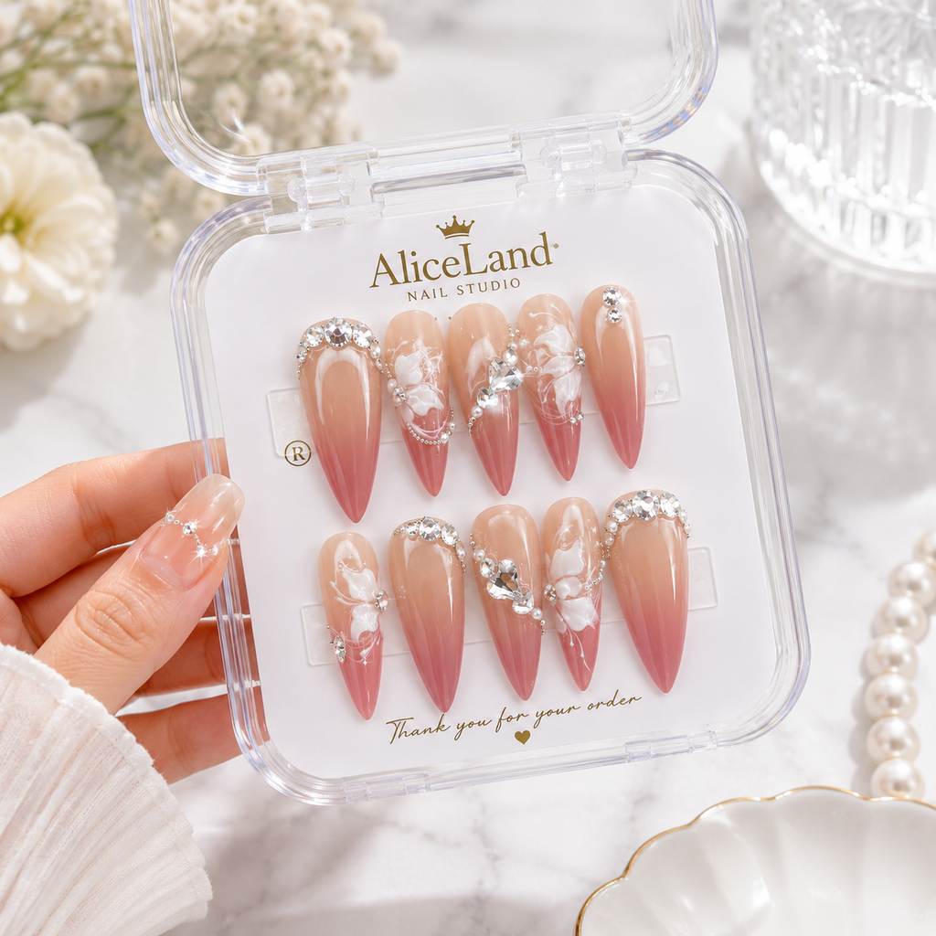 Blush Bridal Bloom almond press on nails with white 3D flowers and rhinestones