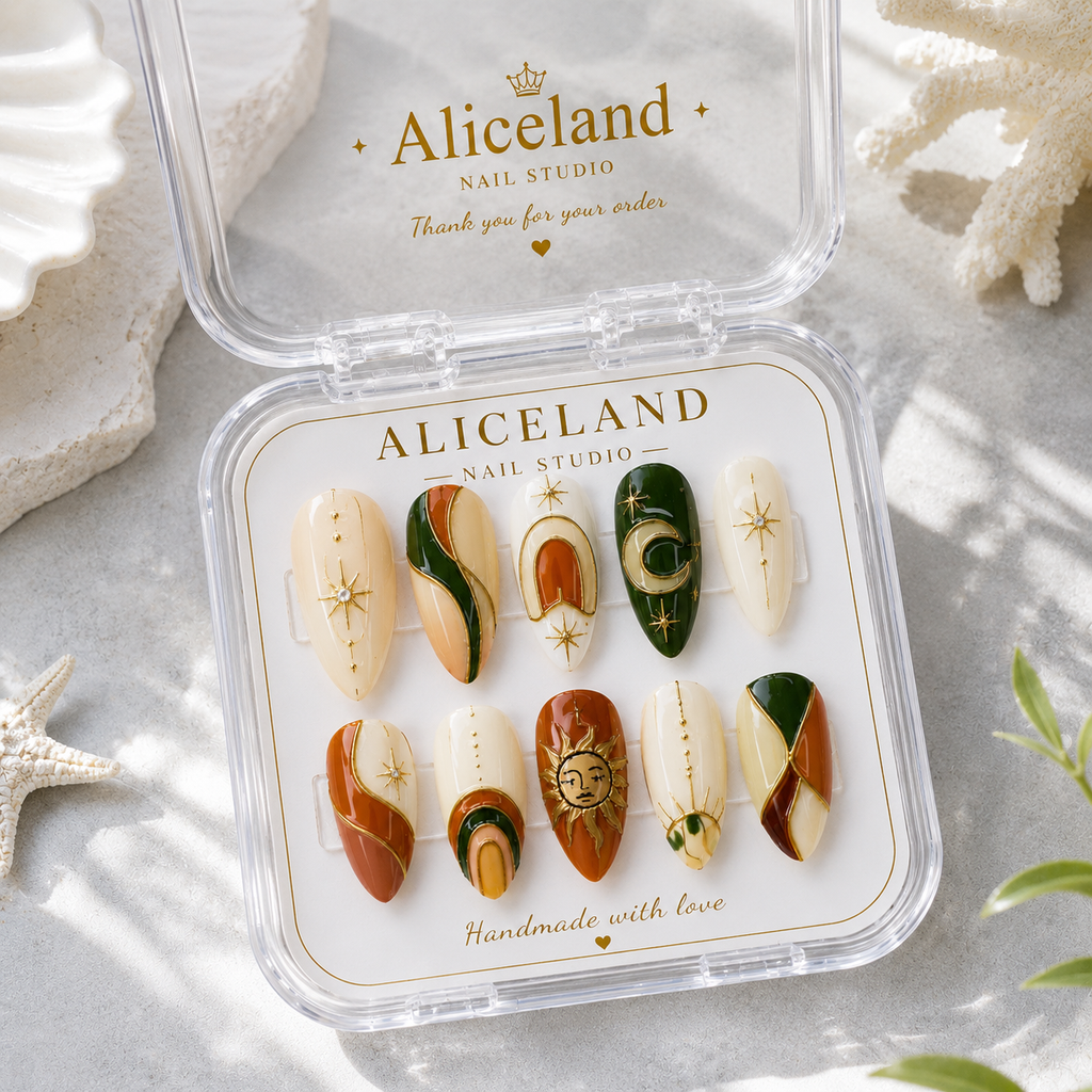Celestial Terra almond press on nails with celestial sun moon artwork, forest green, terracotta and luxury gold detailing