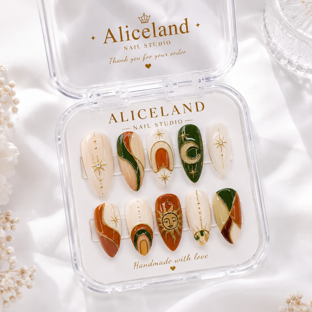 Celestial Terra almond press on nails with celestial sun moon artwork, forest green, terracotta and luxury gold detailing