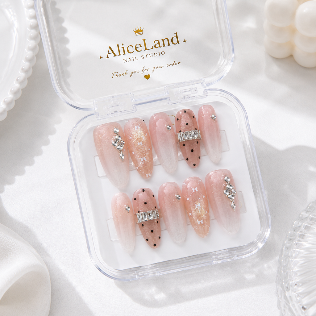 Champagne Glow almond press on nails with glitter ombre and rhinestone accents