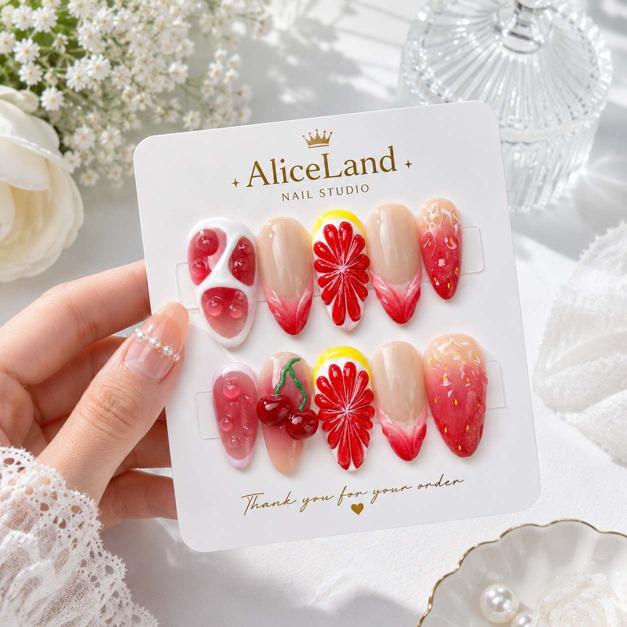 Cherry Citrus Bliss almond press on nails with 3D cherry and citrus fruit design