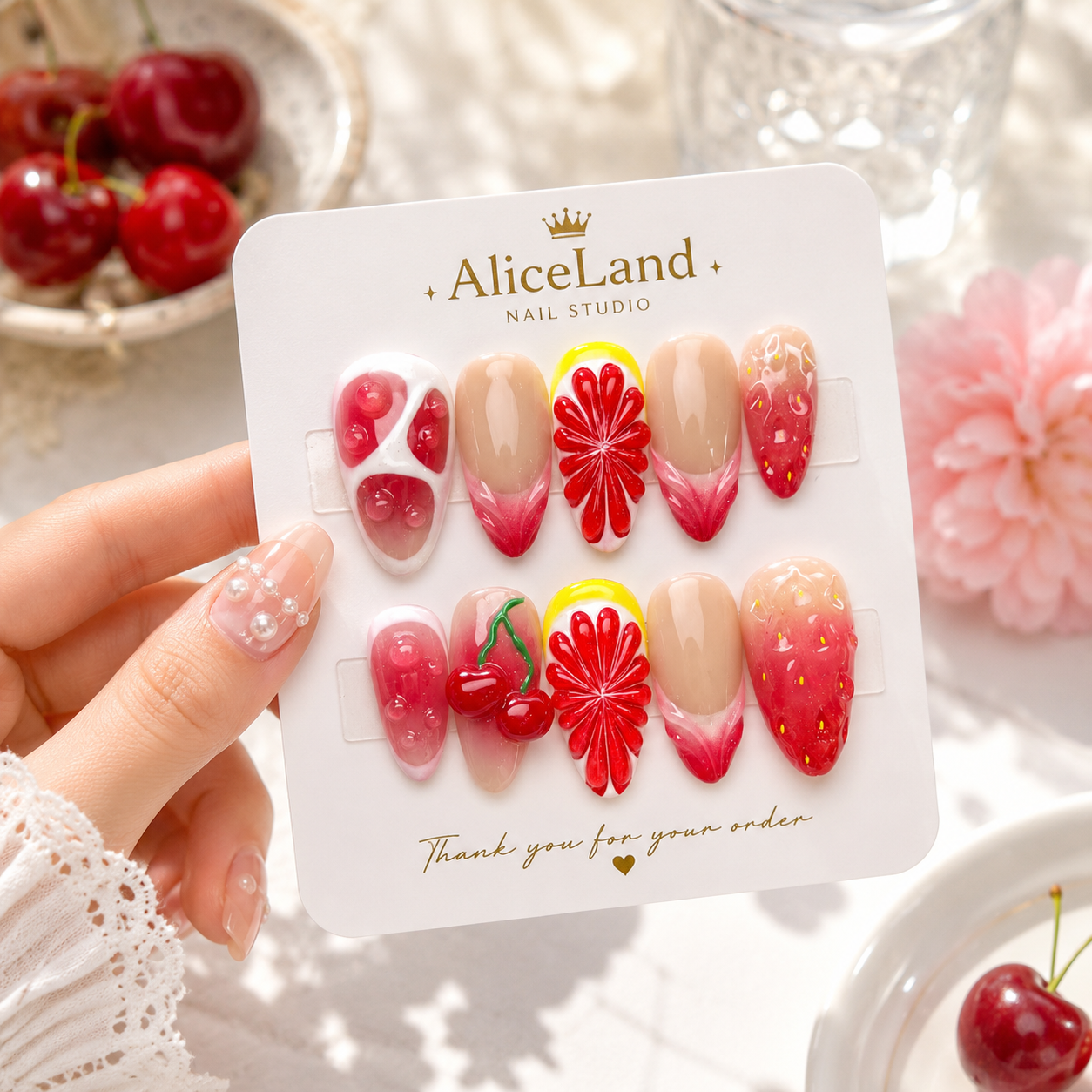 Cherry Citrus Bliss almond press on nails with 3D cherry and citrus fruit design