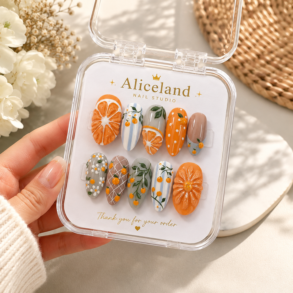A hand holds an open clear plastic case displaying 10 decorative press-on nails. The nails feature citrus orange patterns, green leaves, and neutral brown and gray designs on a white backing card labeled 'Aliceland NAIL STUDIO'.
