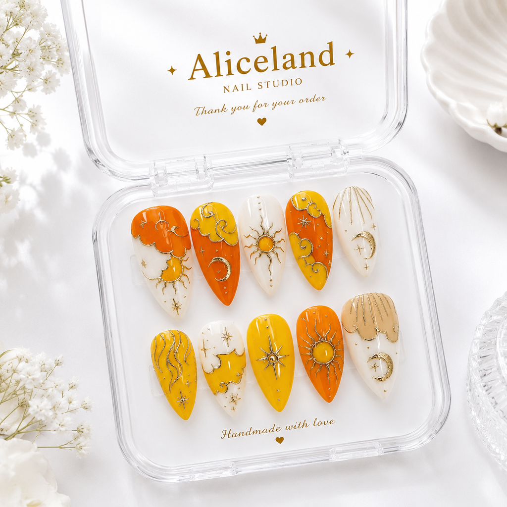 Golden Solstice almond press on nails featuring sun and moon celestial nail art with golden yellow and luxury gold detailing