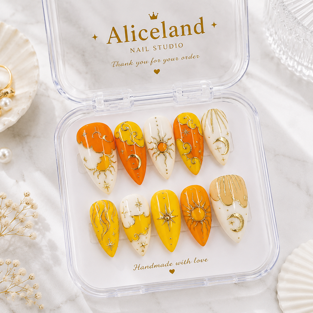 Golden Solstice almond press on nails featuring sun and moon celestial nail art with golden yellow and luxury gold detailing