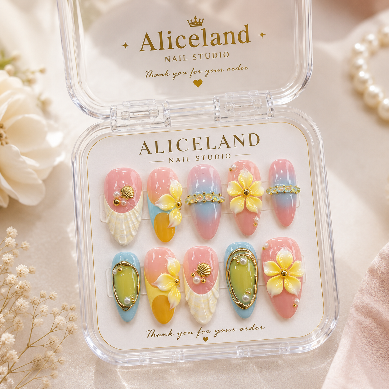 Island Bloom almond press on nails featuring tropical flowers, seashell details and luxury summer nail art