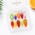 Juicy Fruit Garden almond press on nails featuring kiwi, grape, orange, strawberry, watermelon and dragon fruit nail art