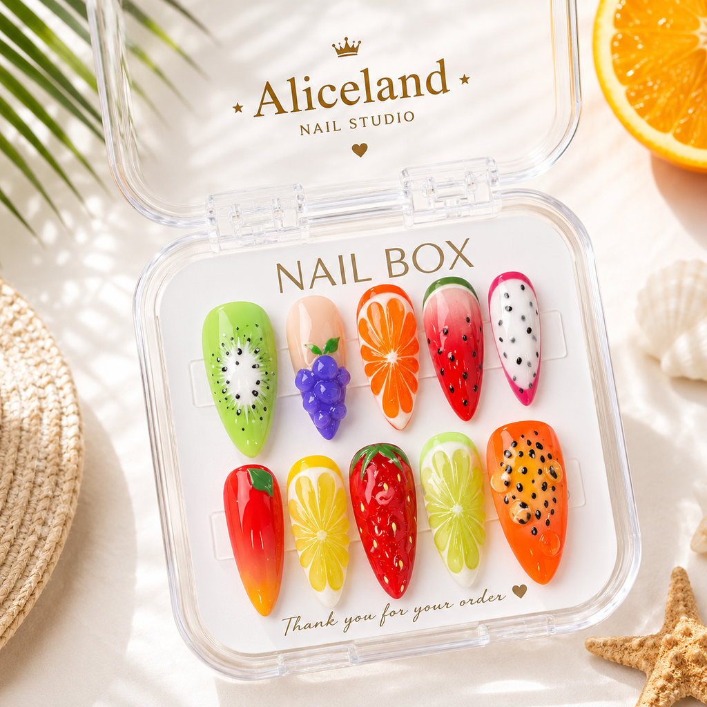 Juicy Fruit Garden almond press on nails featuring kiwi, grape, orange, strawberry, watermelon and dragon fruit nail art