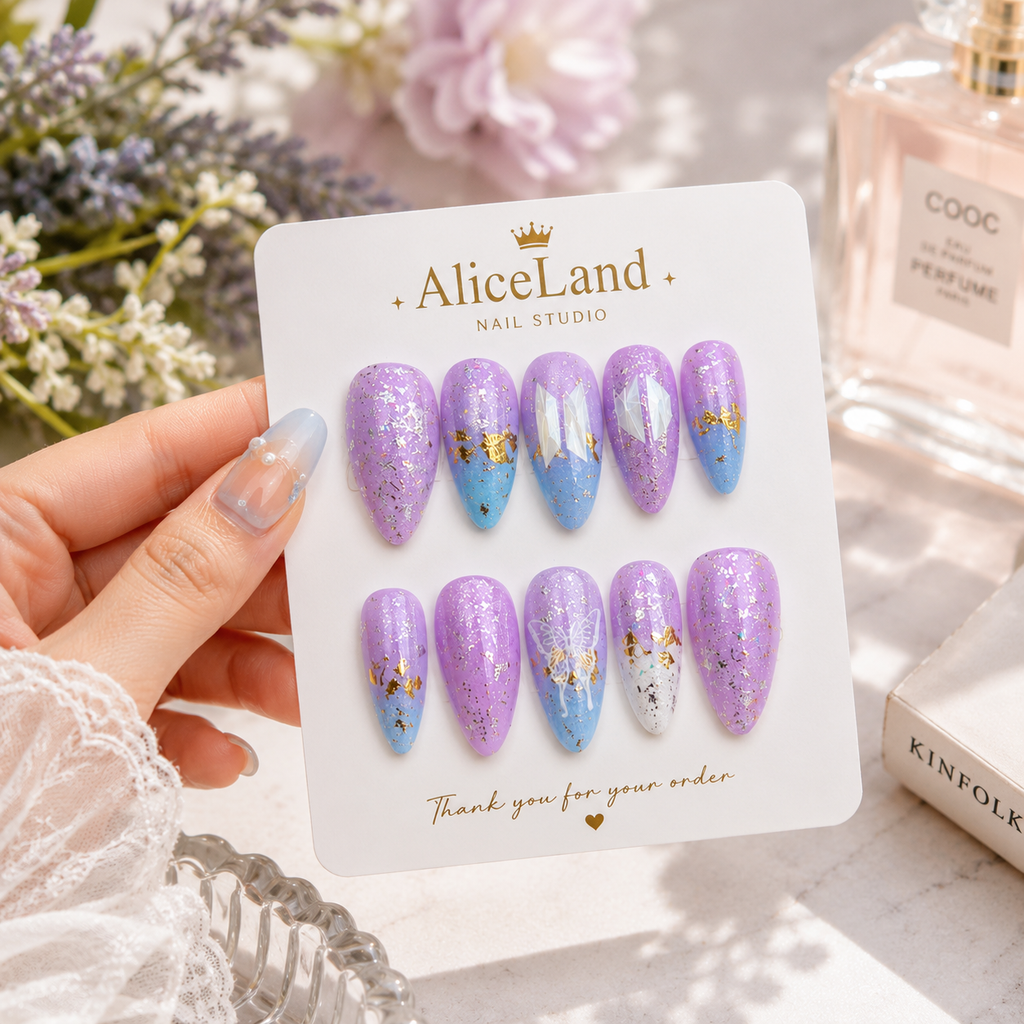 Lavender Dream almond press on nails with butterfly design and pastel glitter finish