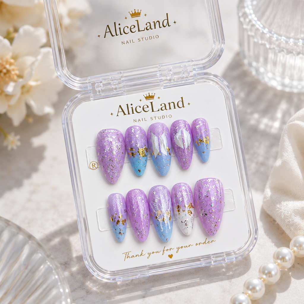 Lavender Dream almond press on nails with butterfly design and pastel glitter finish