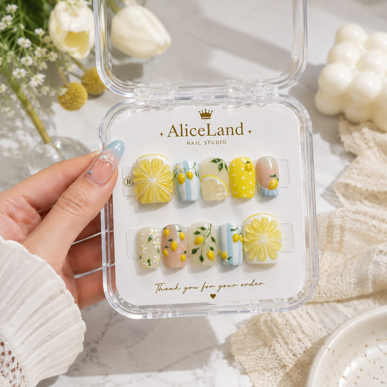 Limoncello Bloom almond press on nails with lemon fruit design and blue stripes