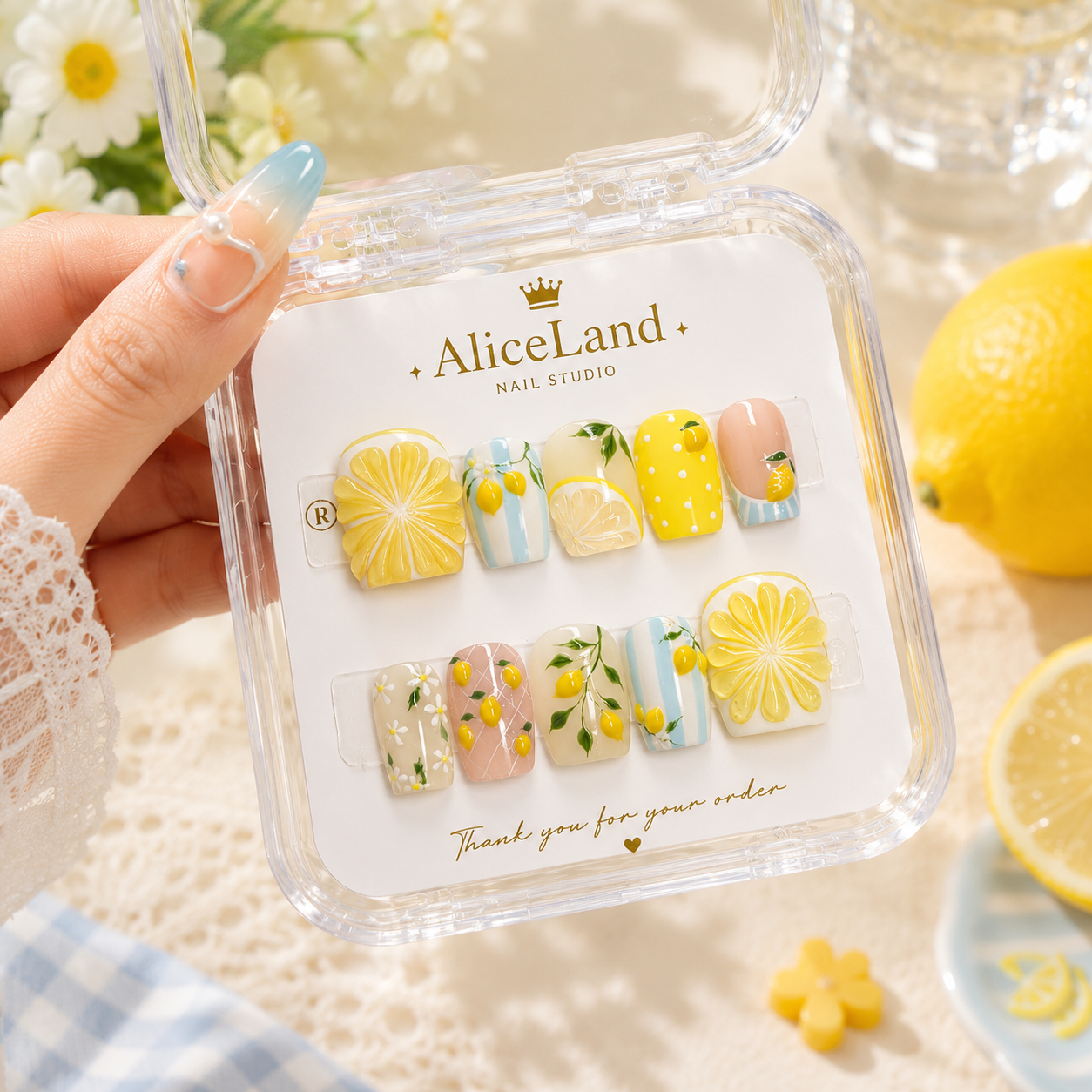 Limoncello Bloom almond press on nails with lemon fruit design and blue stripes