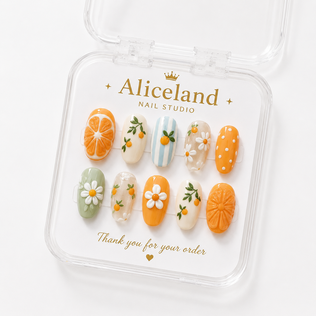 A set of 10 decorative press-on nails displayed in a clear plastic case with the brand name 'Aliceland Nail Studio' printed on the insert card. The nails feature citrus orange designs, white daisies, green leaves, and striped patterns on a white background.