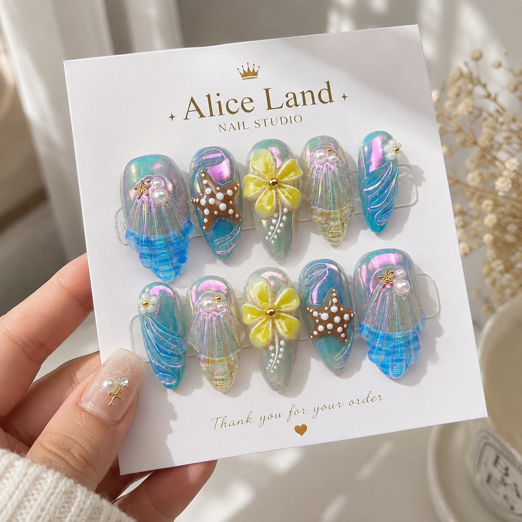 Mermaid Lagoon almond press on nails with 3D seashell, starfish and iridescent ocean design