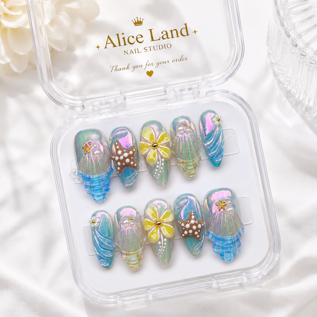 Mermaid Lagoon almond press on nails with 3D seashell, starfish and iridescent ocean design