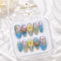 Mermaid Lagoon almond press on nails with 3D seashell, starfish and iridescent ocean design