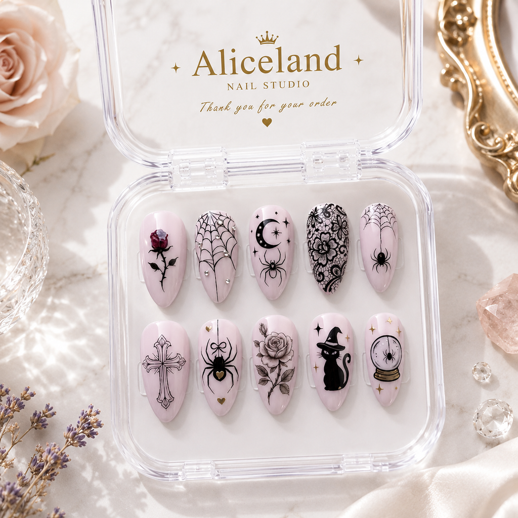 Midnight Enchantment gothic press on nails featuring black roses, moon, spiderweb and celestial Halloween nail art